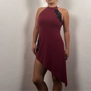 Elegant Burgundy Halter Dress with Black Sequin Detail (dance costume)